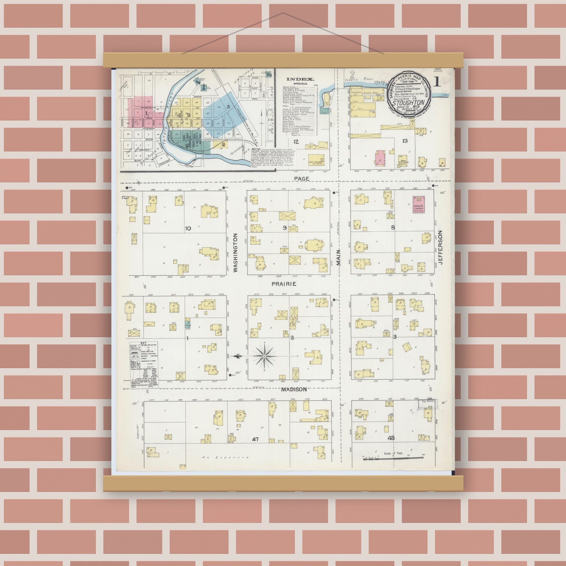 Old map wall art mockup — magnetic wood frame on brick wall — Sanborn Fire Insurance Map from Stoughton, Dane County, Wisconsin (1892), Sheet #0001