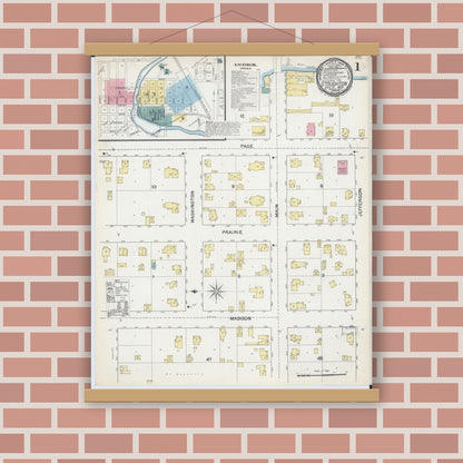 Old map wall art mockup — magnetic wood frame on brick wall — Sanborn Fire Insurance Map from Stoughton, Dane County, Wisconsin (1892), Sheet #0001