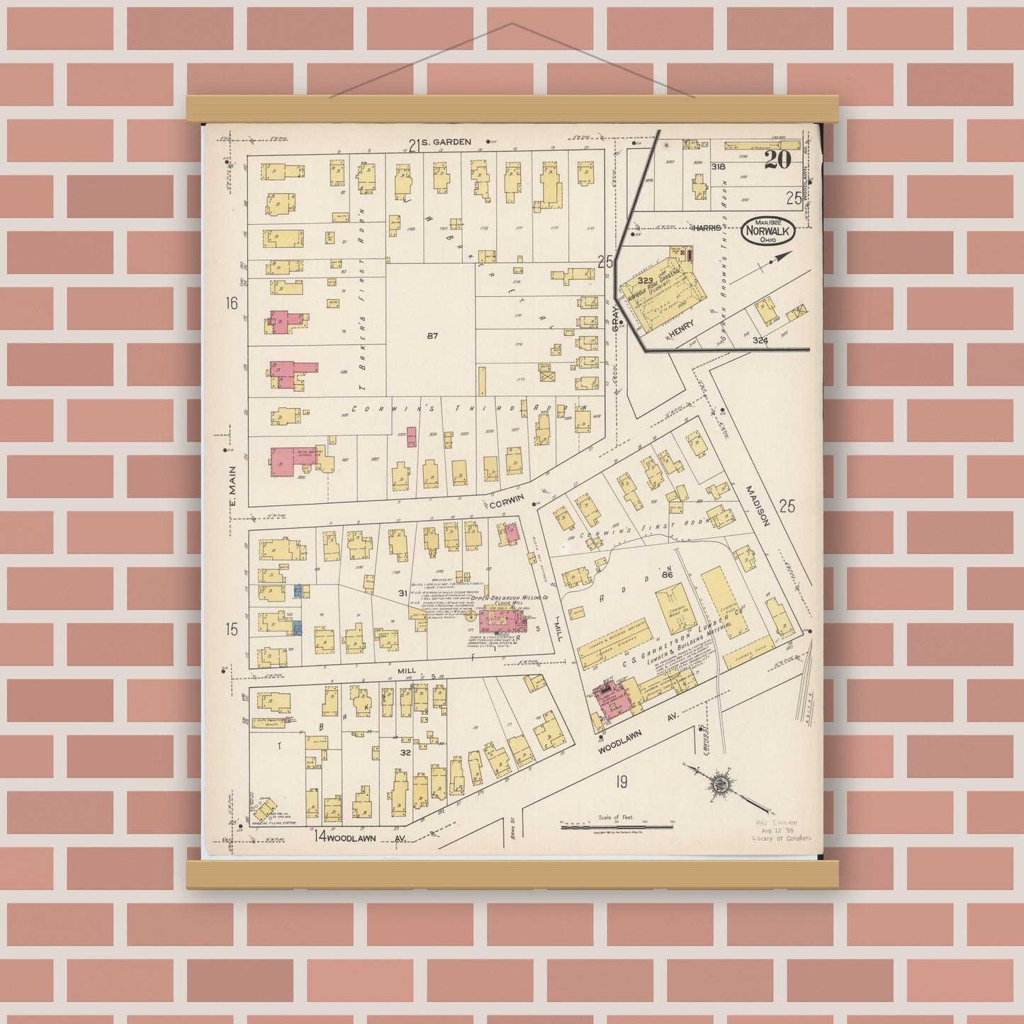 Old map wall art mockup — magnetic wood frame on brick wall — Sanborn Fire Insurance Map from Norwalk, Huron County, Ohio (1922), Sheet #0020