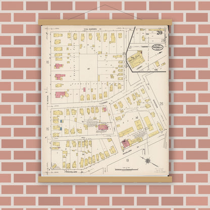 Old map wall art mockup — magnetic wood frame on brick wall — Sanborn Fire Insurance Map from Norwalk, Huron County, Ohio (1922), Sheet #0020