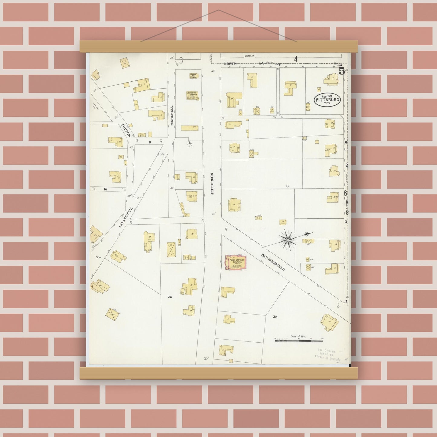 Old map wall art mockup — magnetic wood frame on brick wall — Sanborn Fire Insurance Map from Pittsburg, Camp County, Texas (1906), Sheet #0005