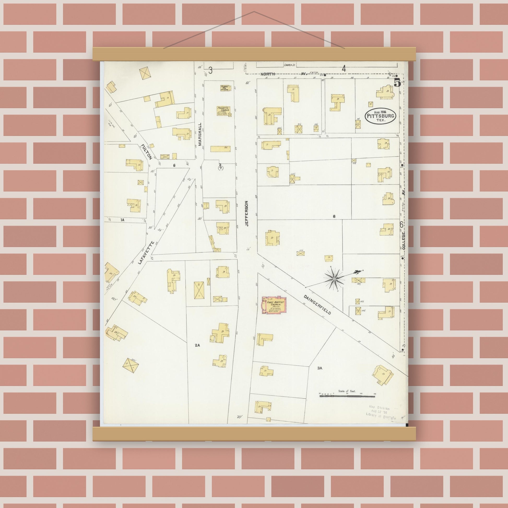 Old map wall art mockup — magnetic wood frame on brick wall — Sanborn Fire Insurance Map from Pittsburg, Camp County, Texas (1906), Sheet #0005