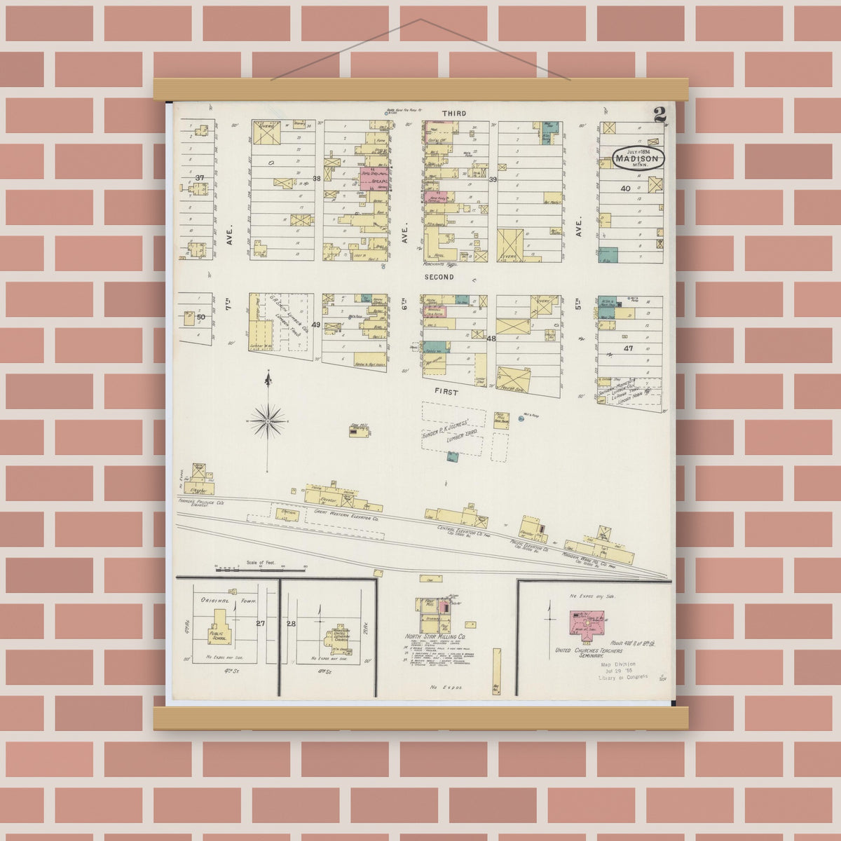 Old map wall art mockup — magnetic wood frame on brick wall — Sanborn Fire Insurance Map from Madison, Lac Qui Parle County, Minnesota (1894), Sheet #0002