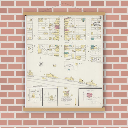 Old map wall art mockup — magnetic wood frame on brick wall — Sanborn Fire Insurance Map from Madison, Lac Qui Parle County, Minnesota (1894), Sheet #0002