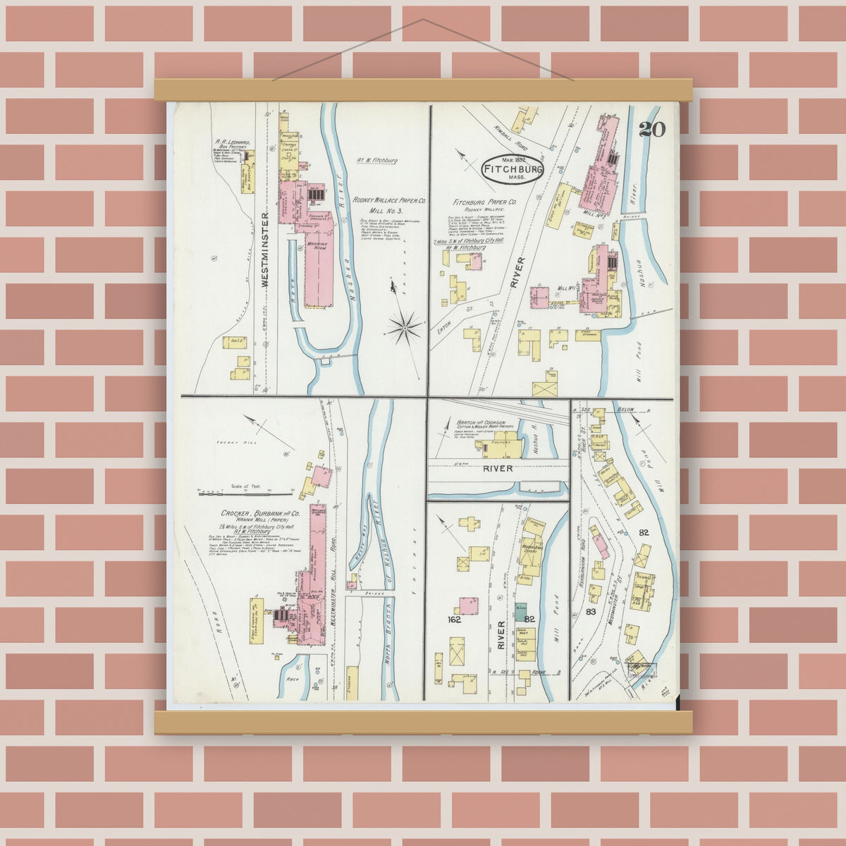 Old map wall art mockup — magnetic wood frame on brick wall — Sanborn Fire Insurance Map from Fitchburg, Worcester County, Massachusetts (1892), Sheet #0020