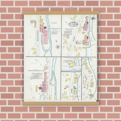 Old map wall art mockup — magnetic wood frame on brick wall — Sanborn Fire Insurance Map from Fitchburg, Worcester County, Massachusetts (1892), Sheet #0020