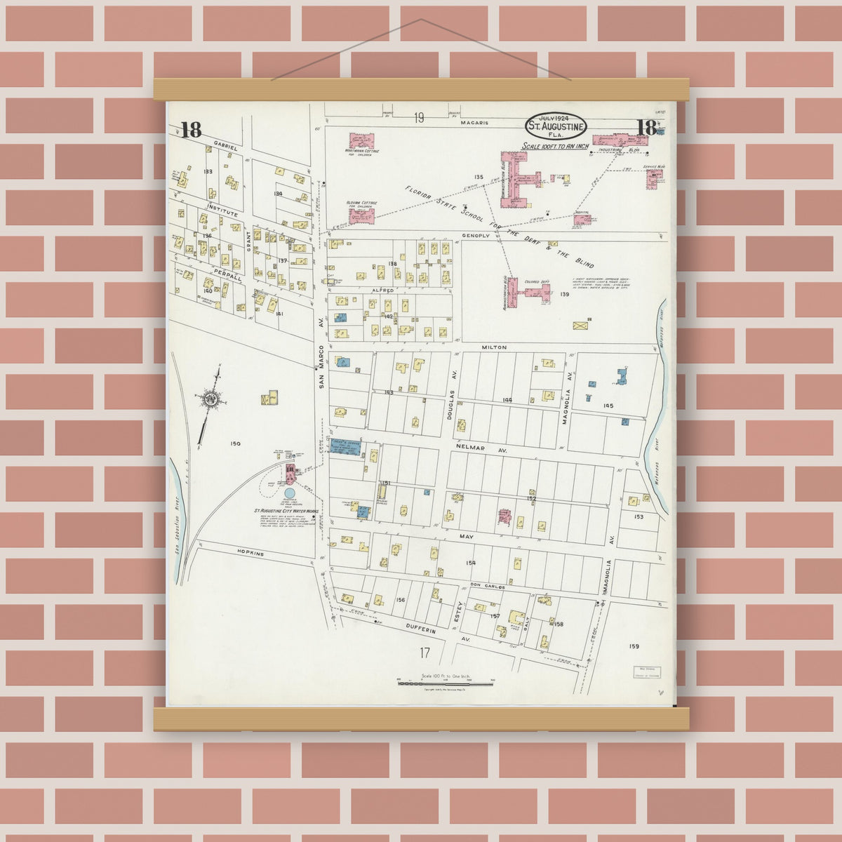 Old map wall art mockup — magnetic wood frame on brick wall — Sanborn Fire Insurance Map from Saint Augustine, Saint John's County, Florida (1924), Sheet #0018
