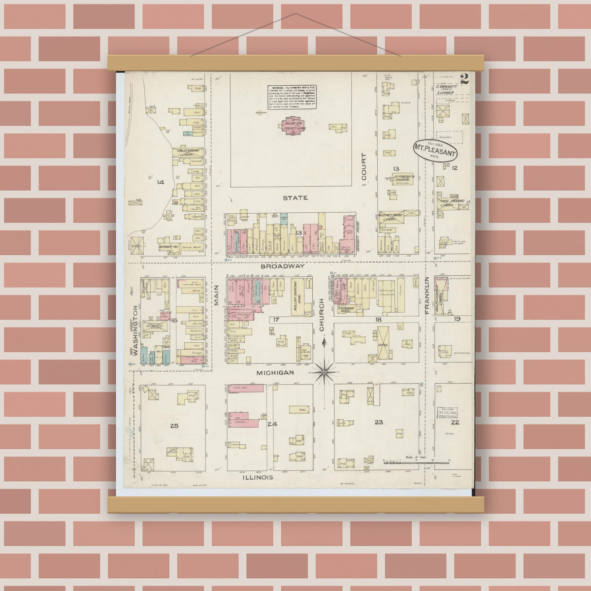 Old map wall art mockup — magnetic wood frame on brick wall — Sanborn Fire Insurance Map from Mount Pleasant, Isabella County, Michigan (1884), Sheet #0002