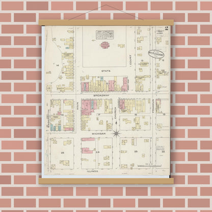 Old map wall art mockup — magnetic wood frame on brick wall — Sanborn Fire Insurance Map from Mount Pleasant, Isabella County, Michigan (1884), Sheet #0002