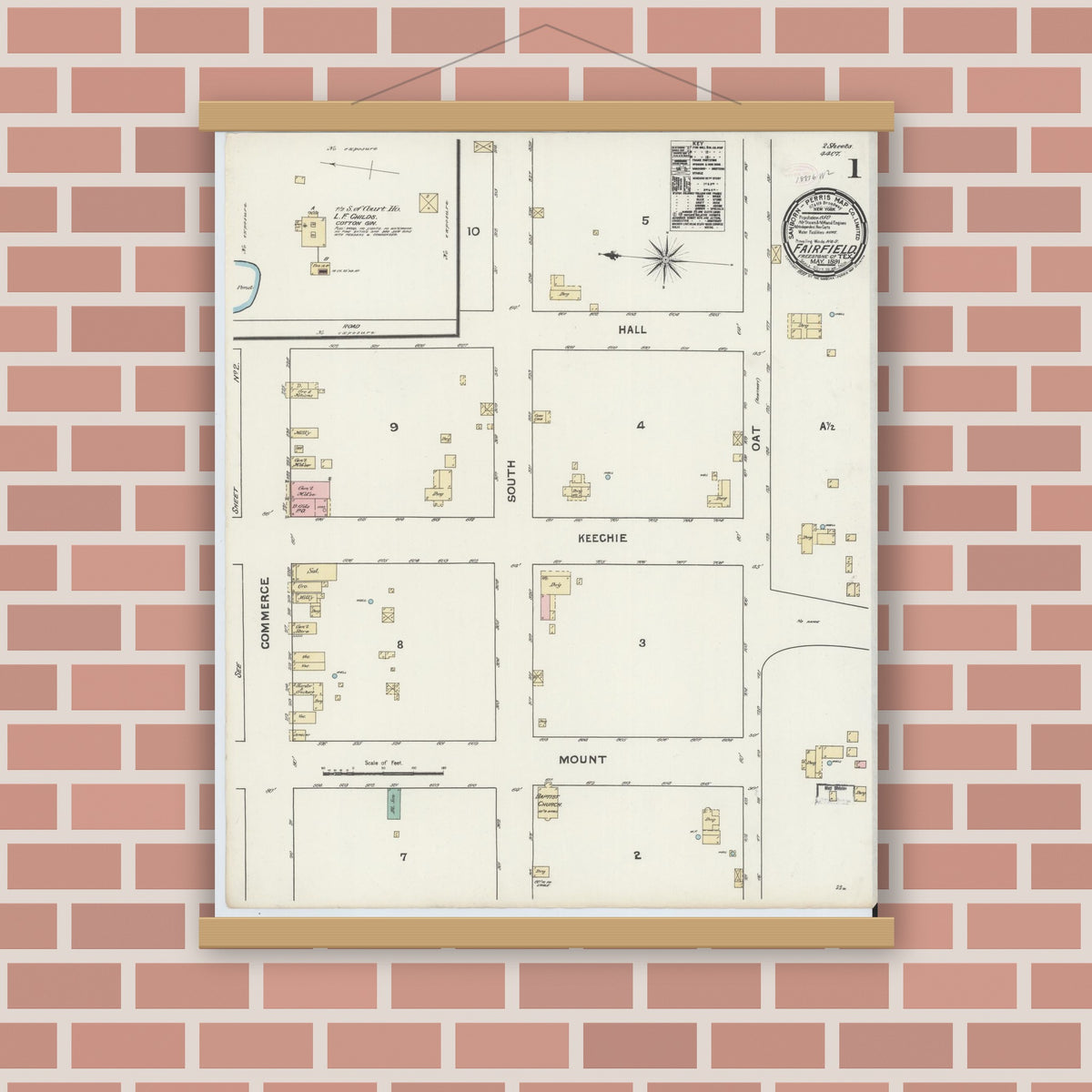 Old map wall art mockup — magnetic wood frame on brick wall — Sanborn Fire Insurance Map from Fairfield, Freestone County, Texas (1891), Sheet #0001