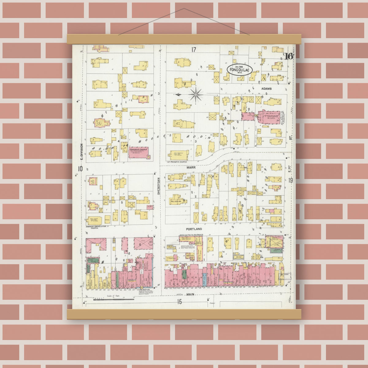 Old map wall art mockup — magnetic wood frame on brick wall — Sanborn Fire Insurance Map from Fond du Lac, Fond du Lac County, Wisconsin (1902), Sheet #0016