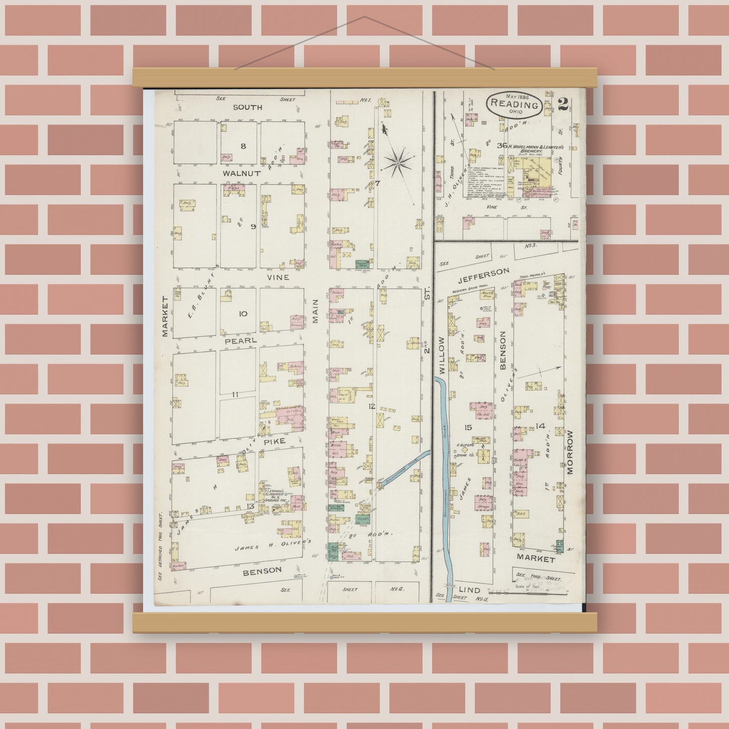 Old map wall art mockup — magnetic wood frame on brick wall — Sanborn Fire Insurance Map from Reading, Hamilton County, Ohio (1886), Sheet #0002