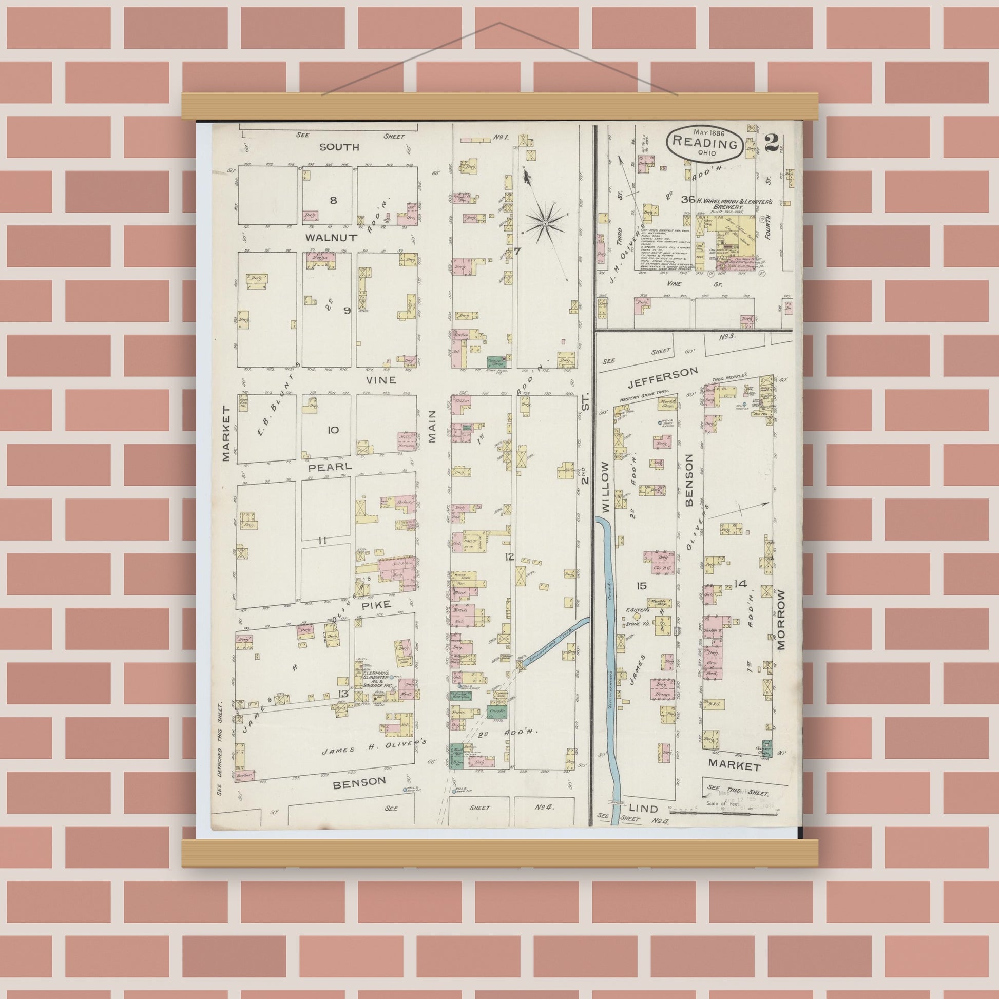 Old map wall art mockup — magnetic wood frame on brick wall — Sanborn Fire Insurance Map from Reading, Hamilton County, Ohio (1886), Sheet #0002