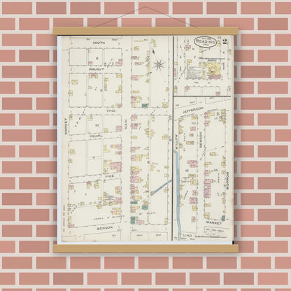 Old map wall art mockup — magnetic wood frame on brick wall — Sanborn Fire Insurance Map from Reading, Hamilton County, Ohio (1886), Sheet #0002