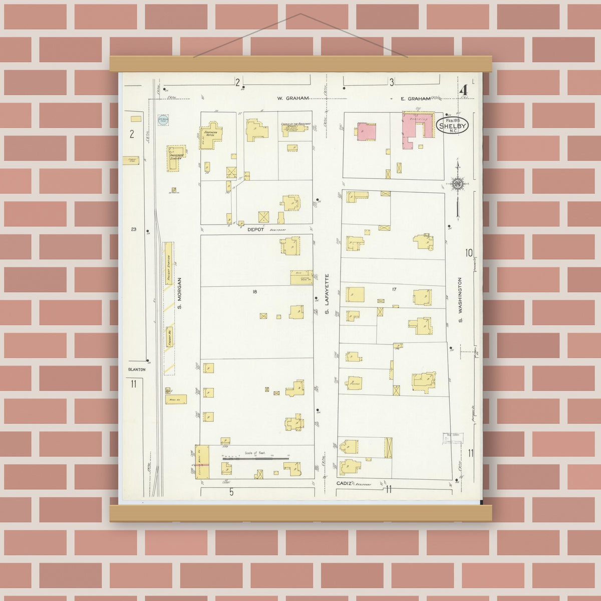 Old map wall art mockup — magnetic wood frame on brick wall — Sanborn Fire Insurance Map from Shelby, Cleveland County, North Carolina (1916), Sheet #0004