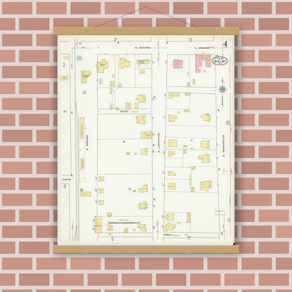 Old map wall art mockup — magnetic wood frame on brick wall — Sanborn Fire Insurance Map from Shelby, Cleveland County, North Carolina (1916), Sheet #0004