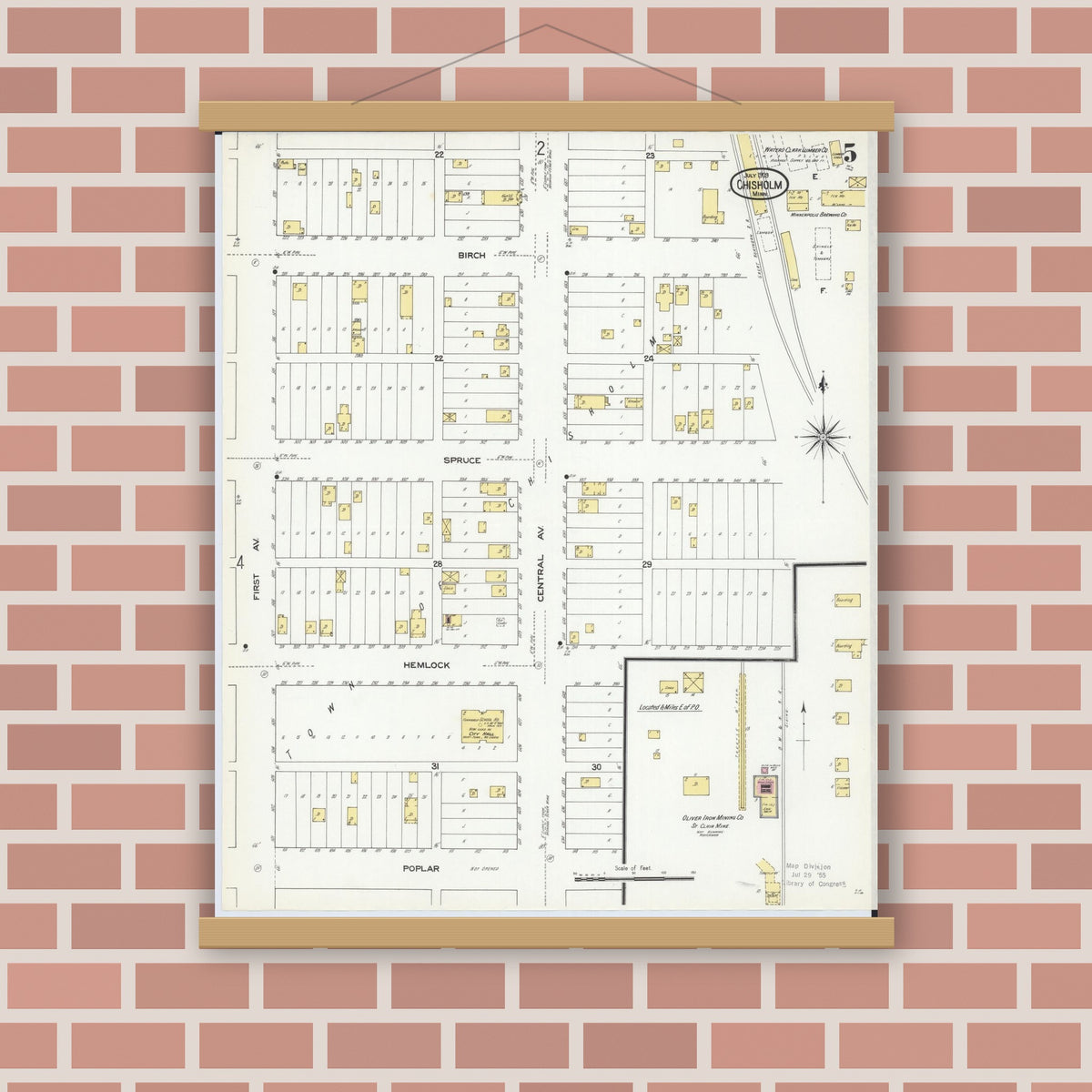 Old map wall art mockup — magnetic wood frame on brick wall — Sanborn Fire Insurance Map from Chisholm, Saint Louis County, Minnesota (1909), Sheet #0005