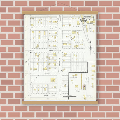 Old map wall art mockup — magnetic wood frame on brick wall — Sanborn Fire Insurance Map from Chisholm, Saint Louis County, Minnesota (1909), Sheet #0005