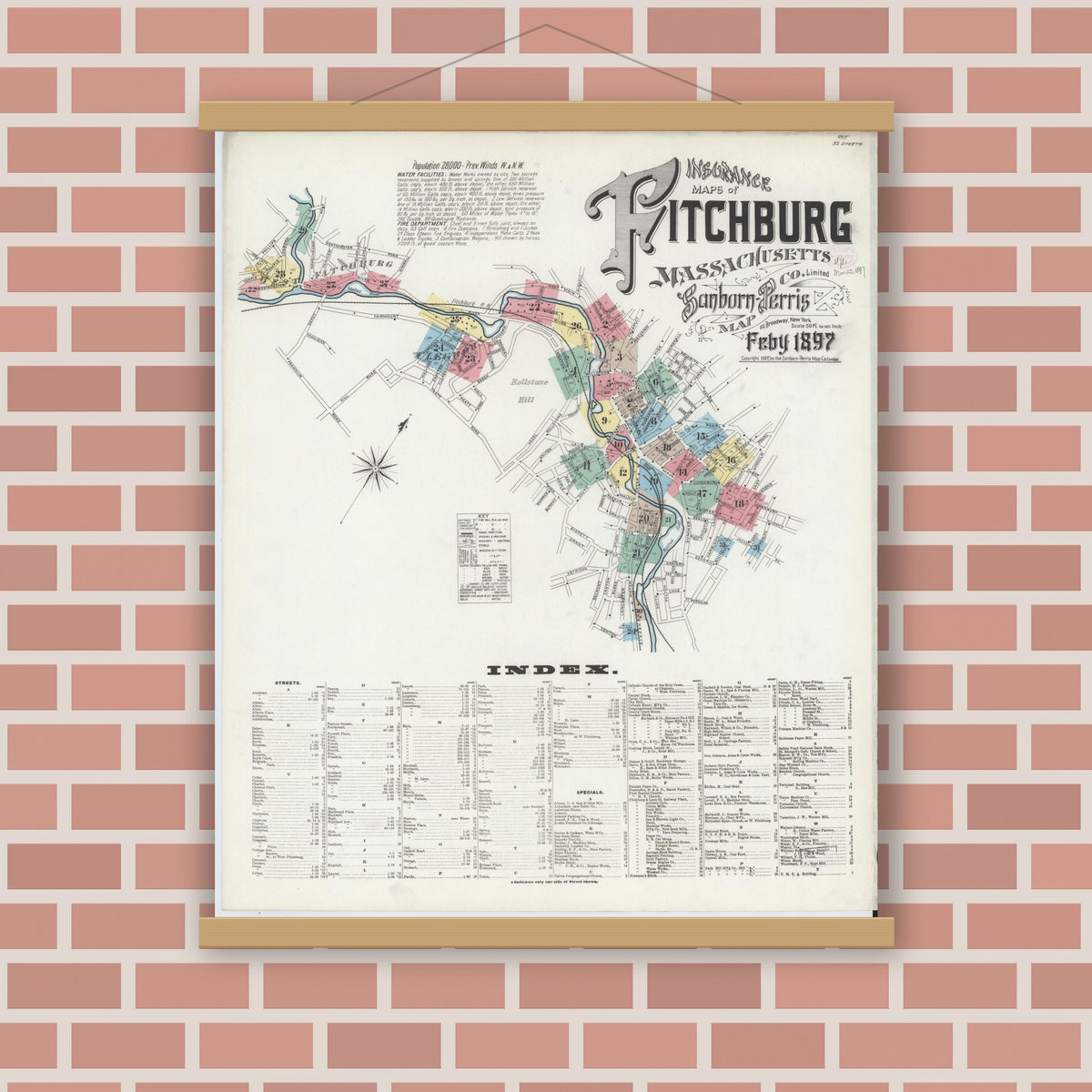 Old map wall art mockup — magnetic wood frame on brick wall — Sanborn Fire Insurance Map from Fitchburg, Worcester County, Massachusetts (1897) - Complete Map Set