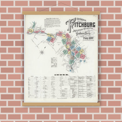 Old map wall art mockup — magnetic wood frame on brick wall — Sanborn Fire Insurance Map from Fitchburg, Worcester County, Massachusetts (1897) - Complete Map Set