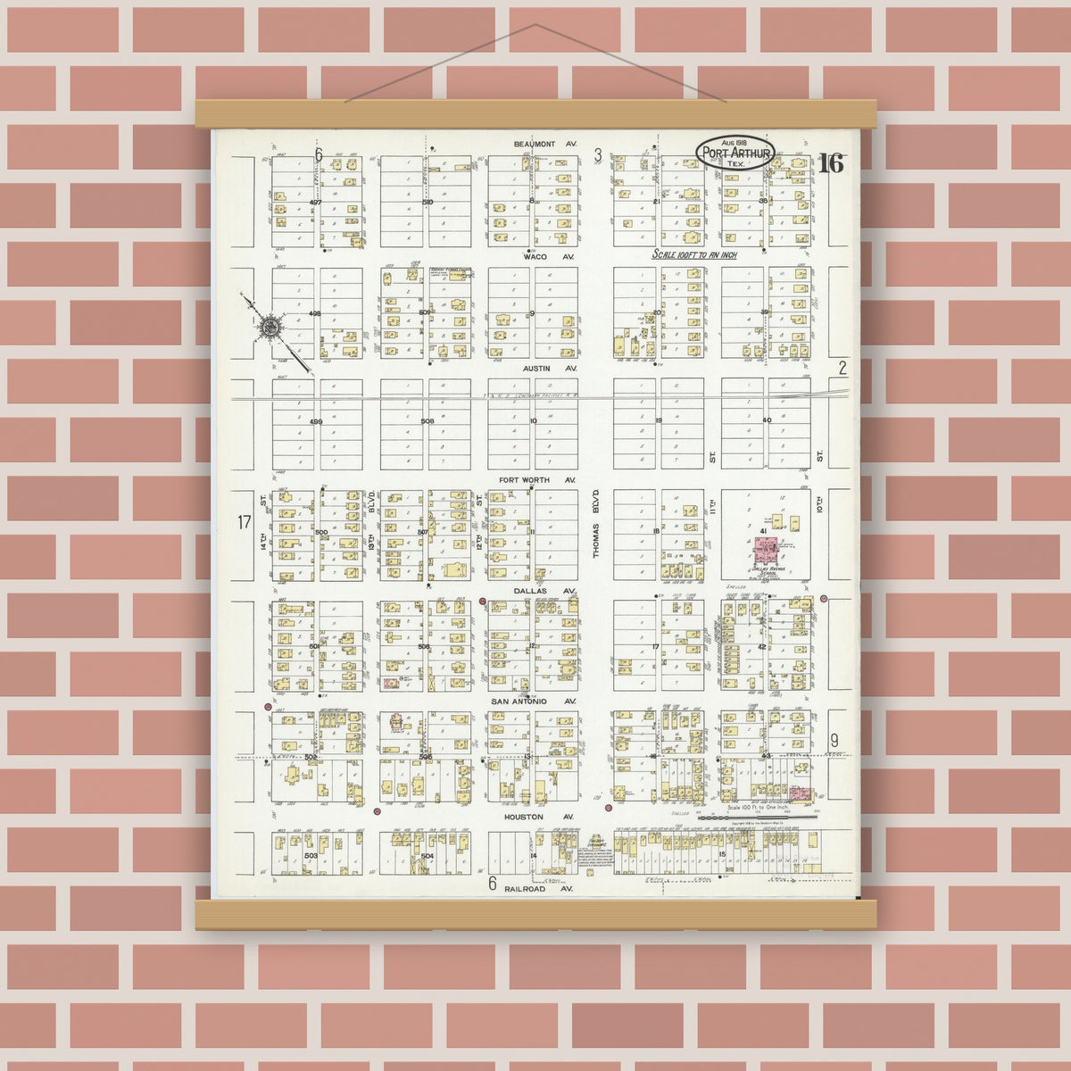 Old map wall art mockup — magnetic wood frame on brick wall — Sanborn Fire Insurance Map from Port Arthur, Jefferson County, Texas (1918), Sheet #0016