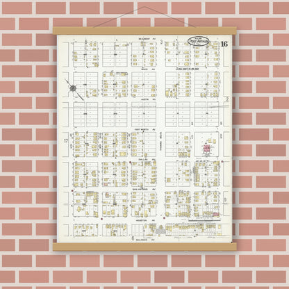 Old map wall art mockup — magnetic wood frame on brick wall — Sanborn Fire Insurance Map from Port Arthur, Jefferson County, Texas (1918), Sheet #0016