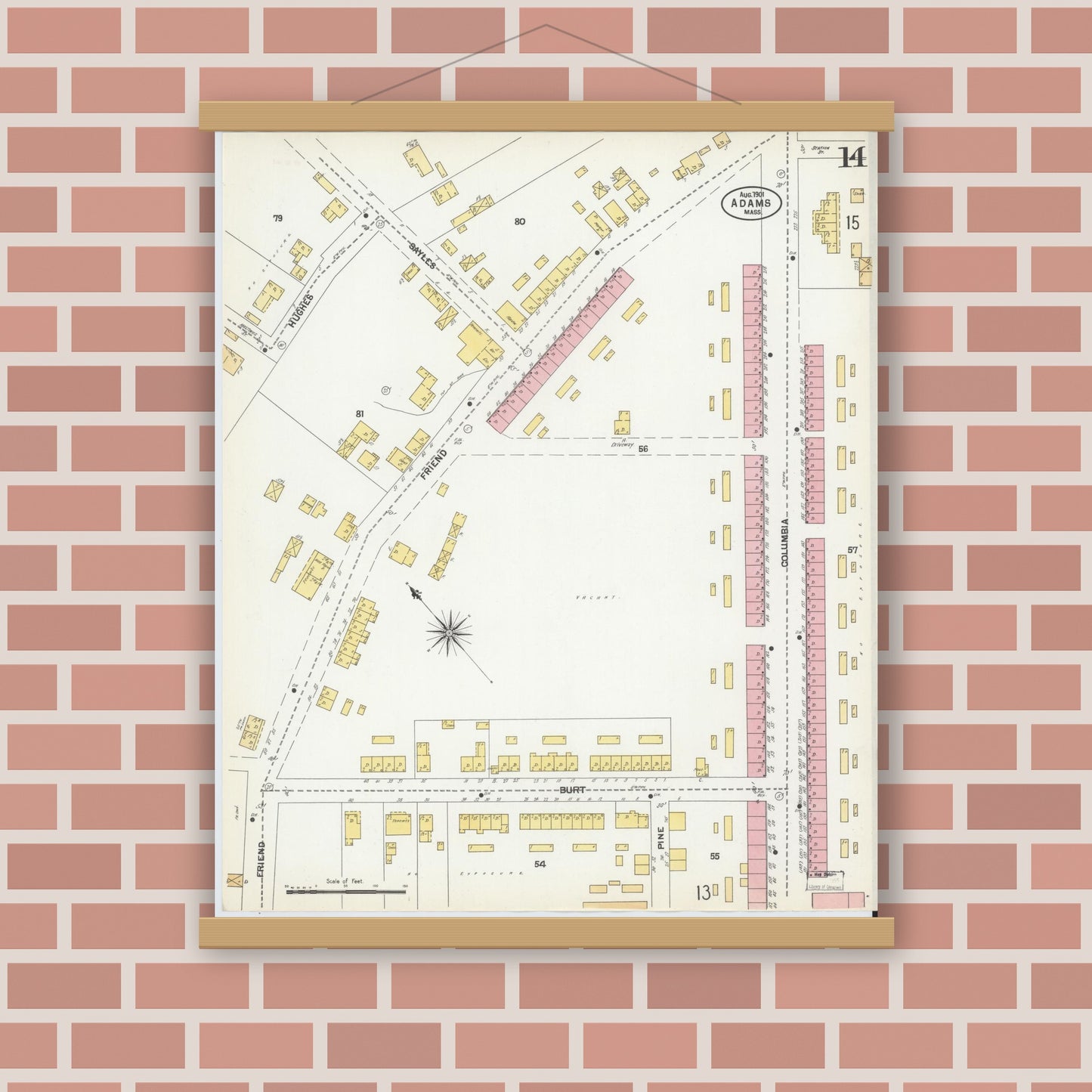 Old map wall art mockup — magnetic wood frame on brick wall — Sanborn Fire Insurance Map from Adams, Berkshire County, Massachusetts (1901), Sheet #0014