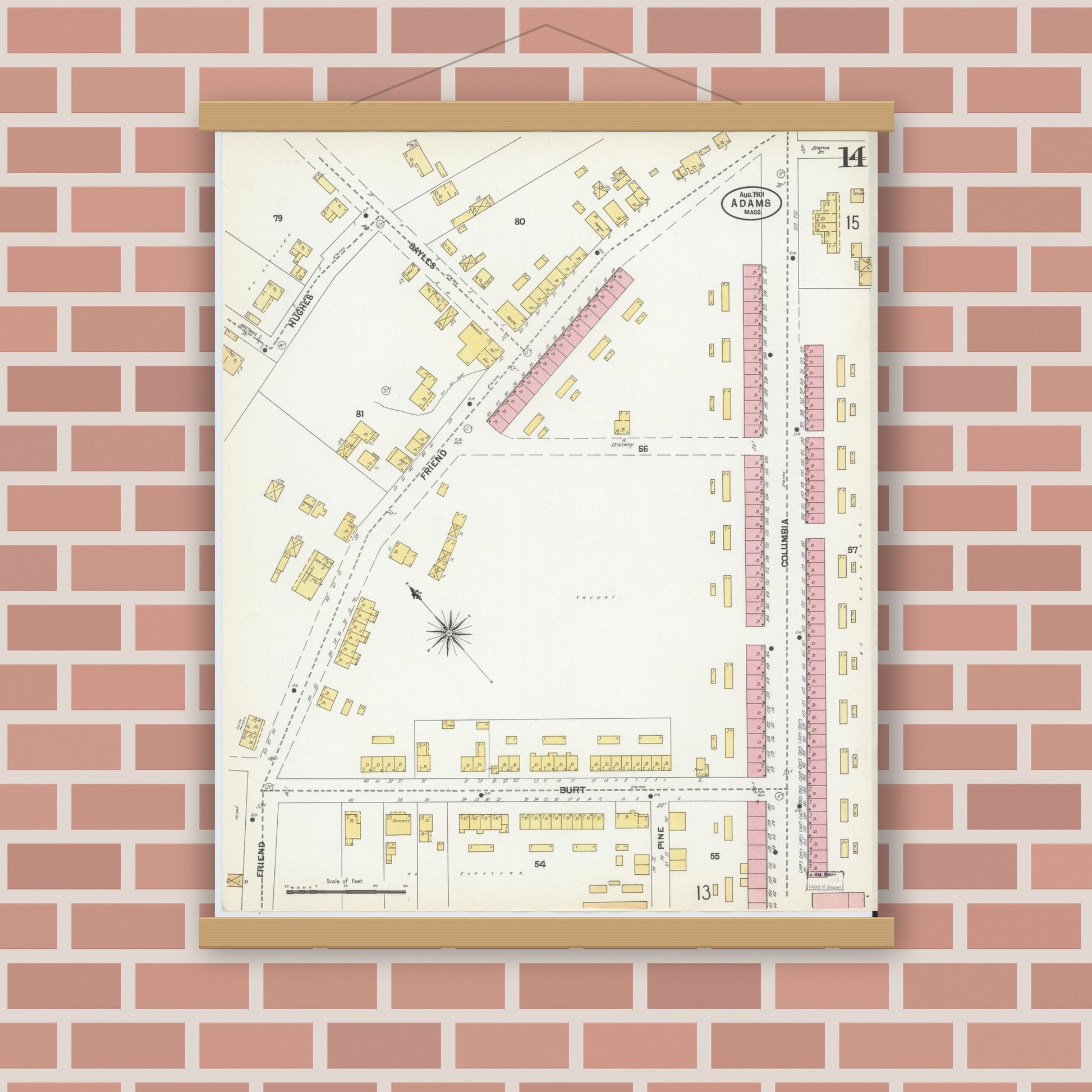 Old map wall art mockup — magnetic wood frame on brick wall — Sanborn Fire Insurance Map from Adams, Berkshire County, Massachusetts (1901), Sheet #0014