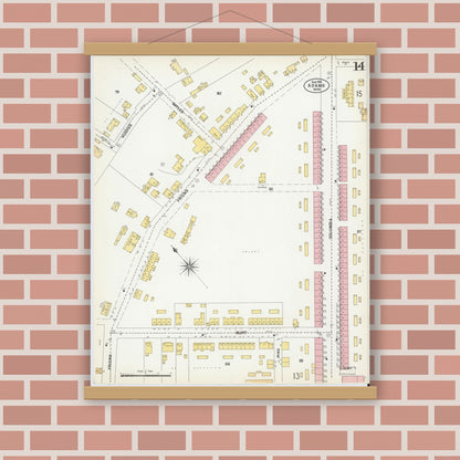 Old map wall art mockup — magnetic wood frame on brick wall — Sanborn Fire Insurance Map from Adams, Berkshire County, Massachusetts (1901), Sheet #0014