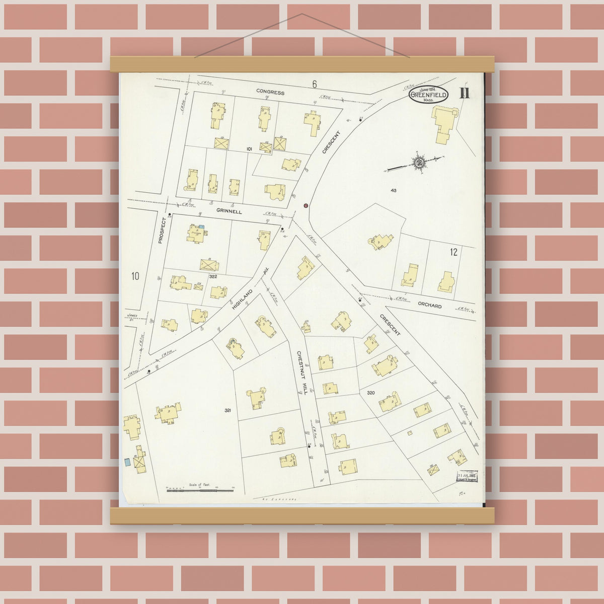 Old map wall art mockup — magnetic wood frame on brick wall — Sanborn Fire Insurance Map from Greenfield, Franklin County, Massachusetts (1914), Sheet #0011