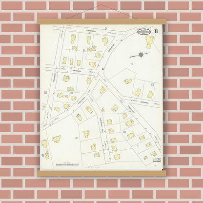 Old map wall art mockup — magnetic wood frame on brick wall — Sanborn Fire Insurance Map from Greenfield, Franklin County, Massachusetts (1914), Sheet #0011