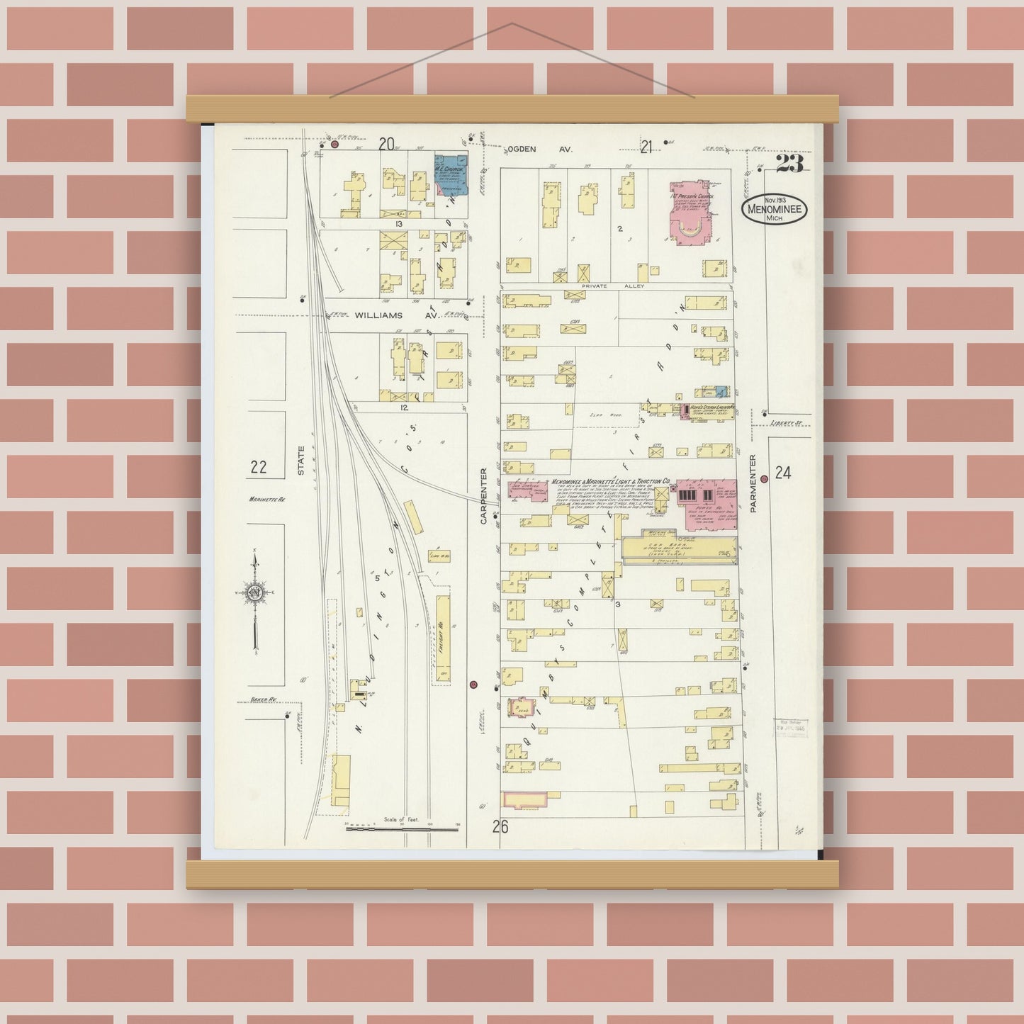 Old map wall art mockup — magnetic wood frame on brick wall — Sanborn Fire Insurance Map from Menominee, Menominee County, Michigan (1913), Sheet #0023