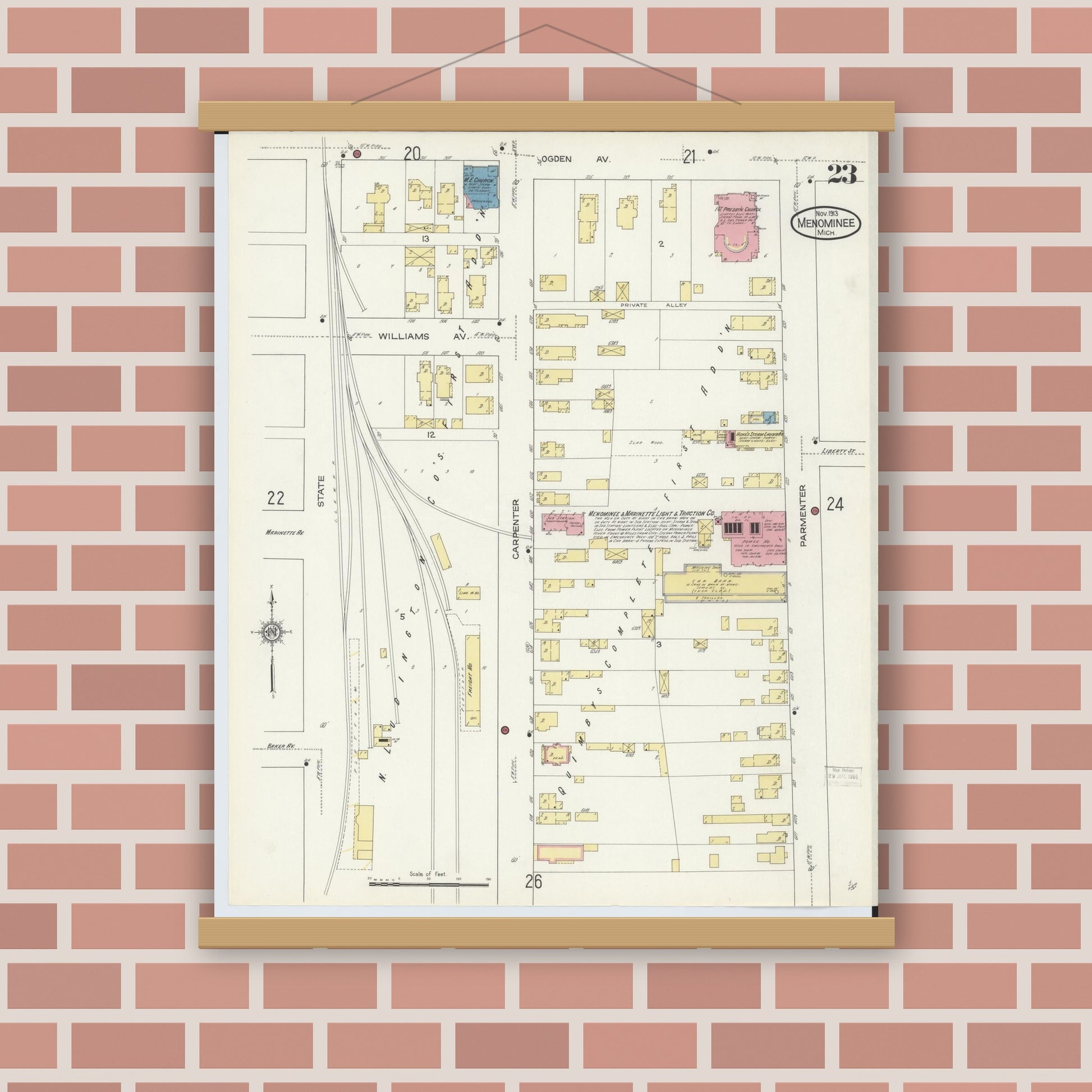 Old map wall art mockup — magnetic wood frame on brick wall — Sanborn Fire Insurance Map from Menominee, Menominee County, Michigan (1913), Sheet #0023