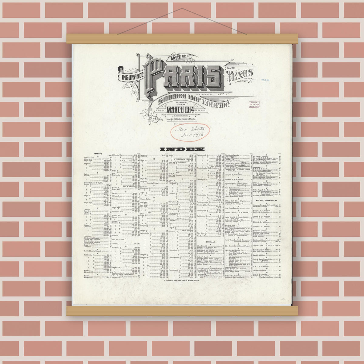 Old map wall art mockup — magnetic wood frame on brick wall — Sanborn Fire Insurance Map from Paris, Lamar County, Texas (1914), Sheet #0001