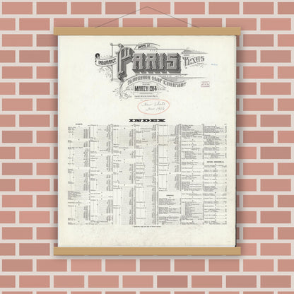 Old map wall art mockup — magnetic wood frame on brick wall — Sanborn Fire Insurance Map from Paris, Lamar County, Texas (1914), Sheet #0001