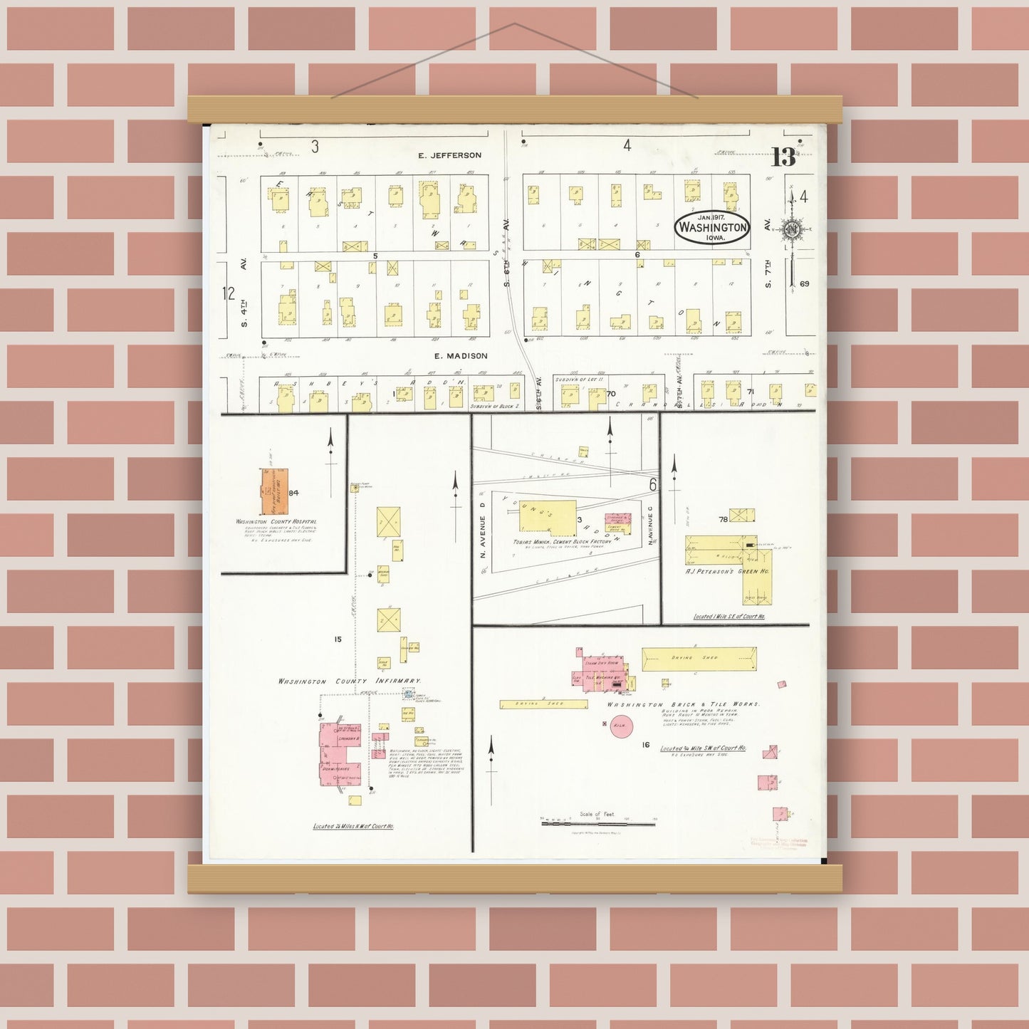 Old map wall art mockup — magnetic wood frame on brick wall — Sanborn Fire Insurance Map from Washington, Washington County, Iowa (1917), Sheet #0013
