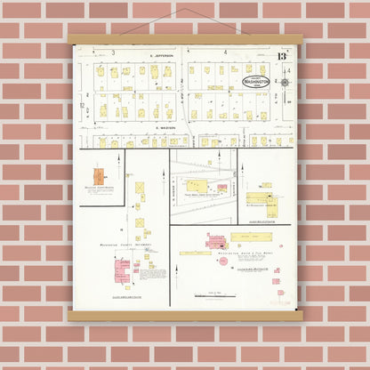 Old map wall art mockup — magnetic wood frame on brick wall — Sanborn Fire Insurance Map from Washington, Washington County, Iowa (1917), Sheet #0013