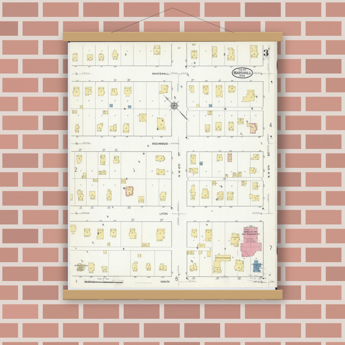 Old map wall art mockup — magnetic wood frame on brick wall — Sanborn Fire Insurance Map from Marshall, Lyon County, Minnesota (1917), Sheet #0003