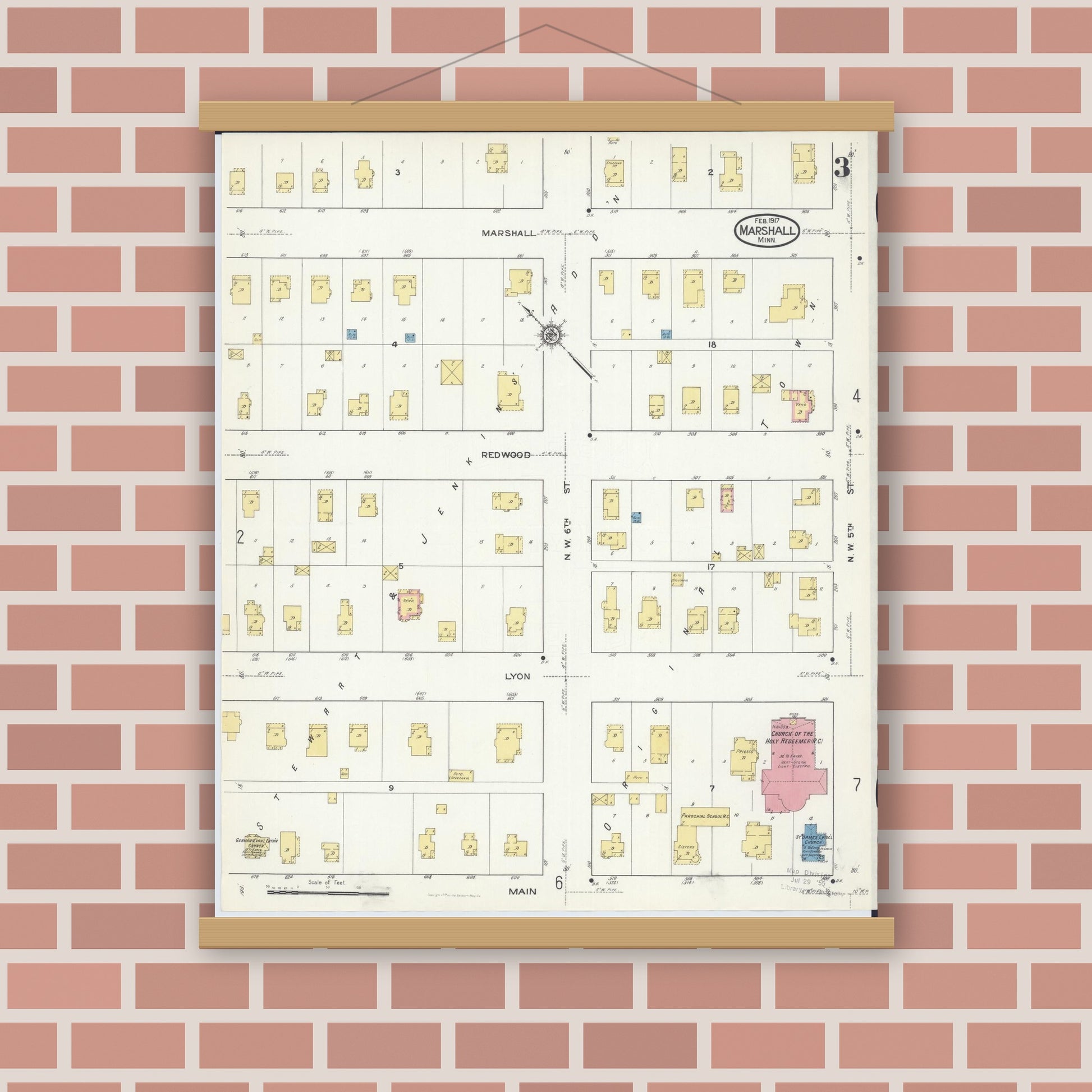 Old map wall art mockup — magnetic wood frame on brick wall — Sanborn Fire Insurance Map from Marshall, Lyon County, Minnesota (1917), Sheet #0003