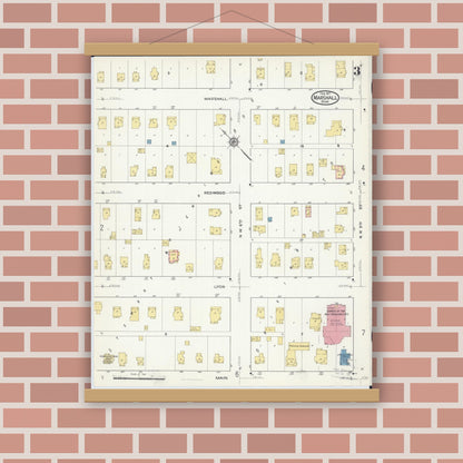 Old map wall art mockup — magnetic wood frame on brick wall — Sanborn Fire Insurance Map from Marshall, Lyon County, Minnesota (1917), Sheet #0003