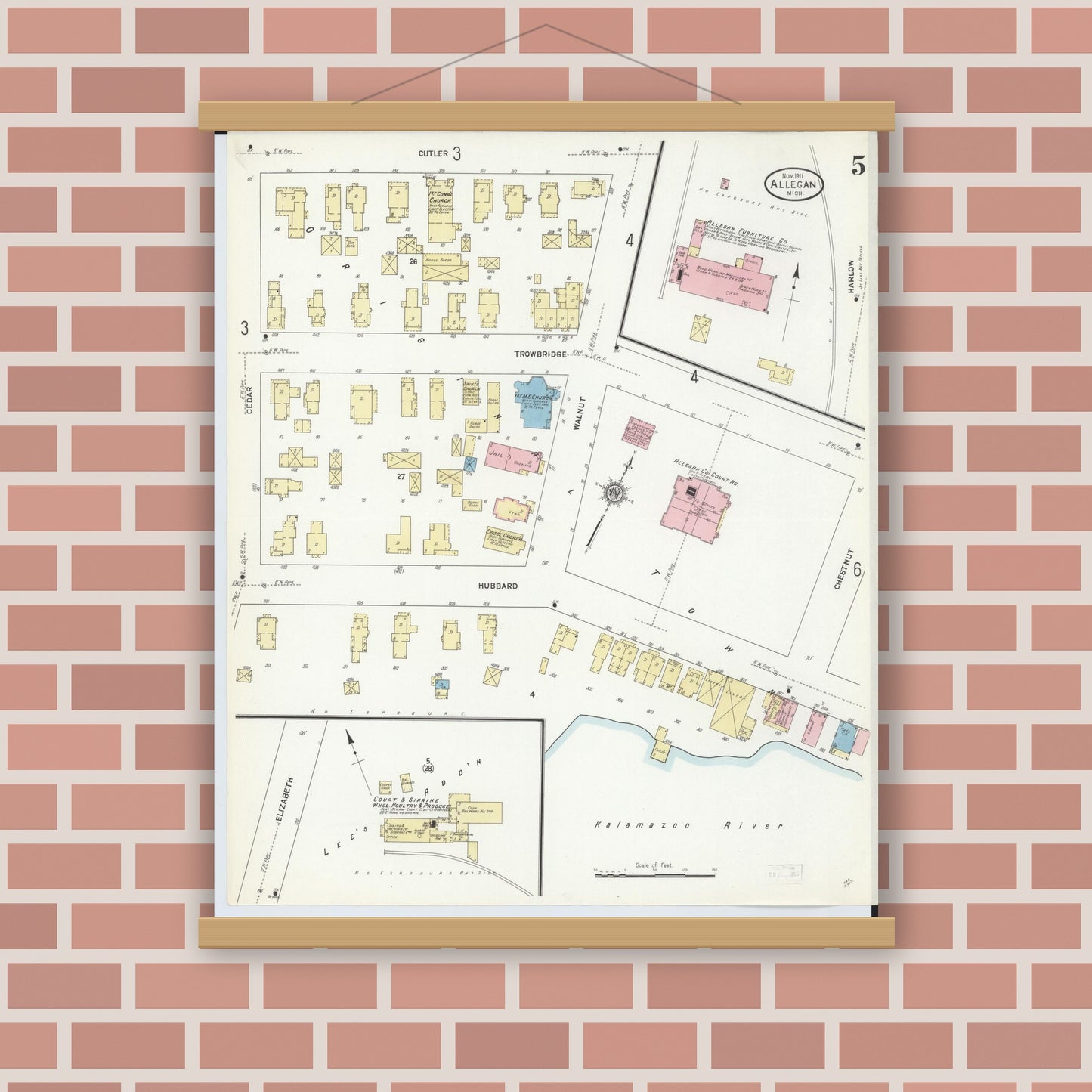 Old map wall art mockup — magnetic wood frame on brick wall — Sanborn Fire Insurance Map from Allegan, Allegan County, Michigan (1911), Sheet #0005