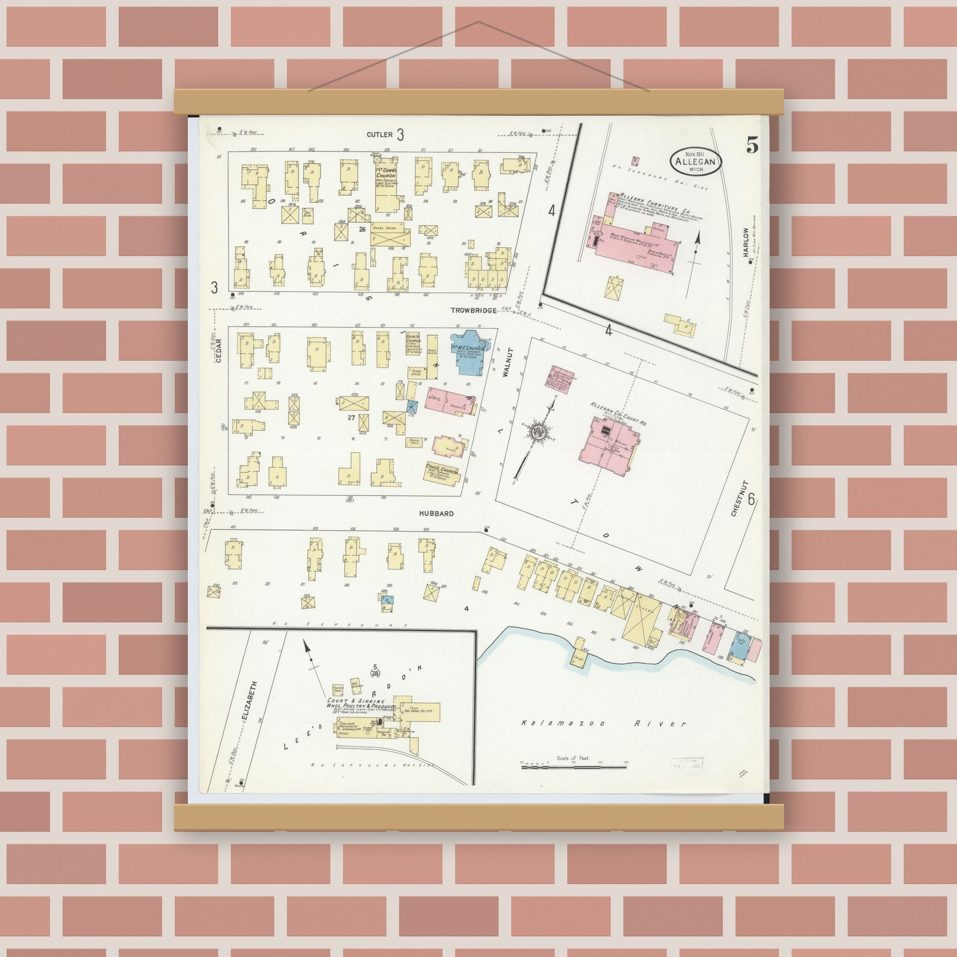 Old map wall art mockup — magnetic wood frame on brick wall — Sanborn Fire Insurance Map from Allegan, Allegan County, Michigan (1911), Sheet #0005