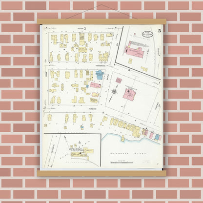 Old map wall art mockup — magnetic wood frame on brick wall — Sanborn Fire Insurance Map from Allegan, Allegan County, Michigan (1911), Sheet #0005