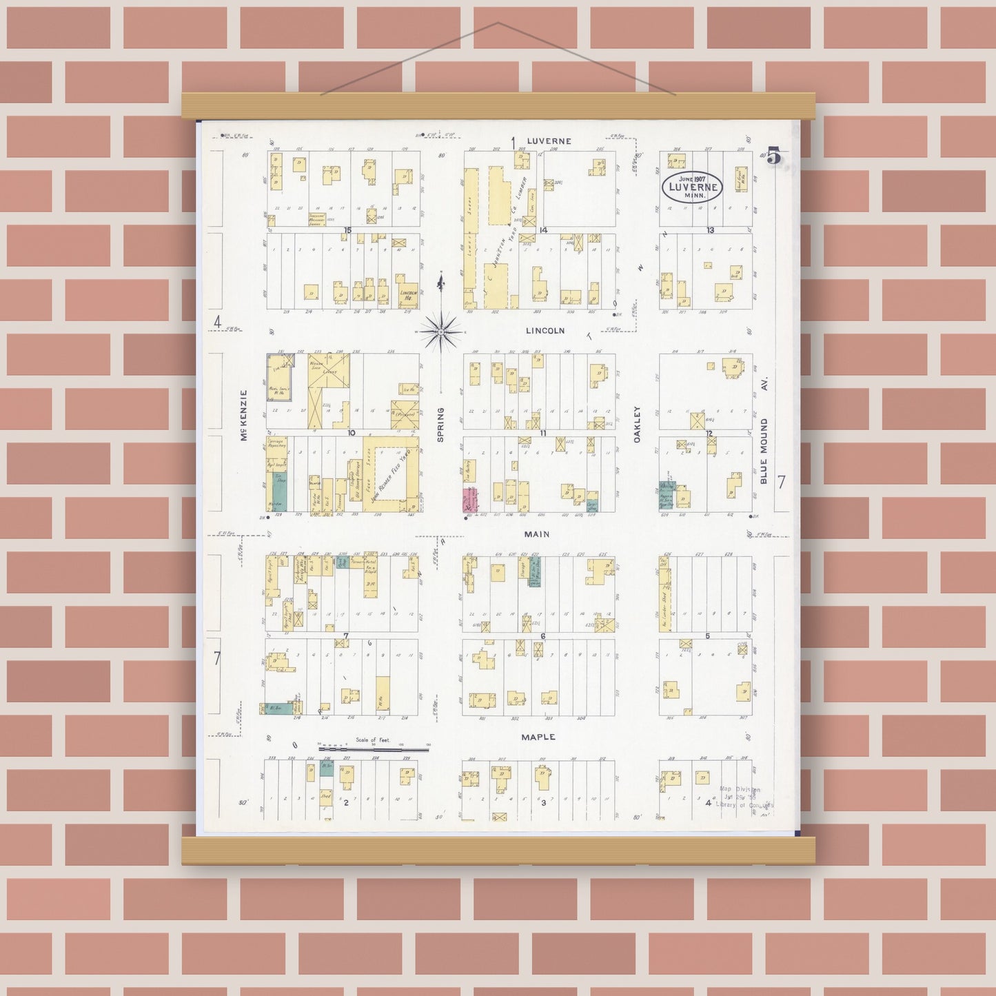 Old map wall art mockup — magnetic wood frame on brick wall — Sanborn Fire Insurance Map from Luverne, Rock County, Minnesota (1907), Sheet #0005
