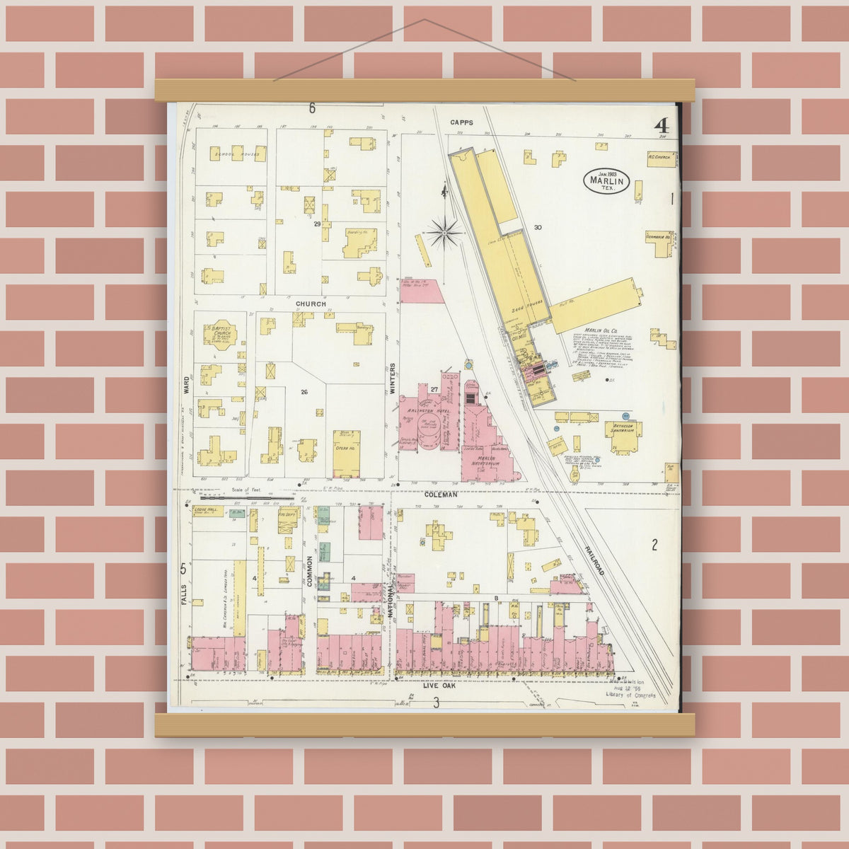 Old map wall art mockup — magnetic wood frame on brick wall — Sanborn Fire Insurance Map from Marlin, Falls County, Texas (1903), Sheet #0004
