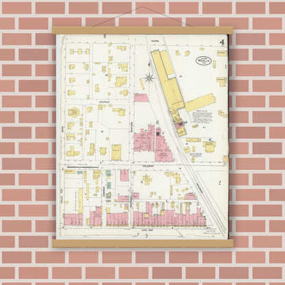 Old map wall art mockup — magnetic wood frame on brick wall — Sanborn Fire Insurance Map from Marlin, Falls County, Texas (1903), Sheet #0004