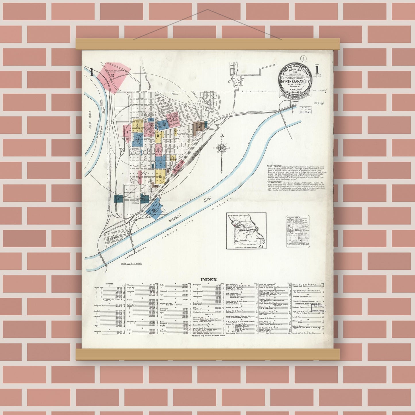 Old map wall art mockup — magnetic wood frame on brick wall — Sanborn Fire Insurance Map from North Kansas City, Clay County, Missouri (1926), Sheet #0001