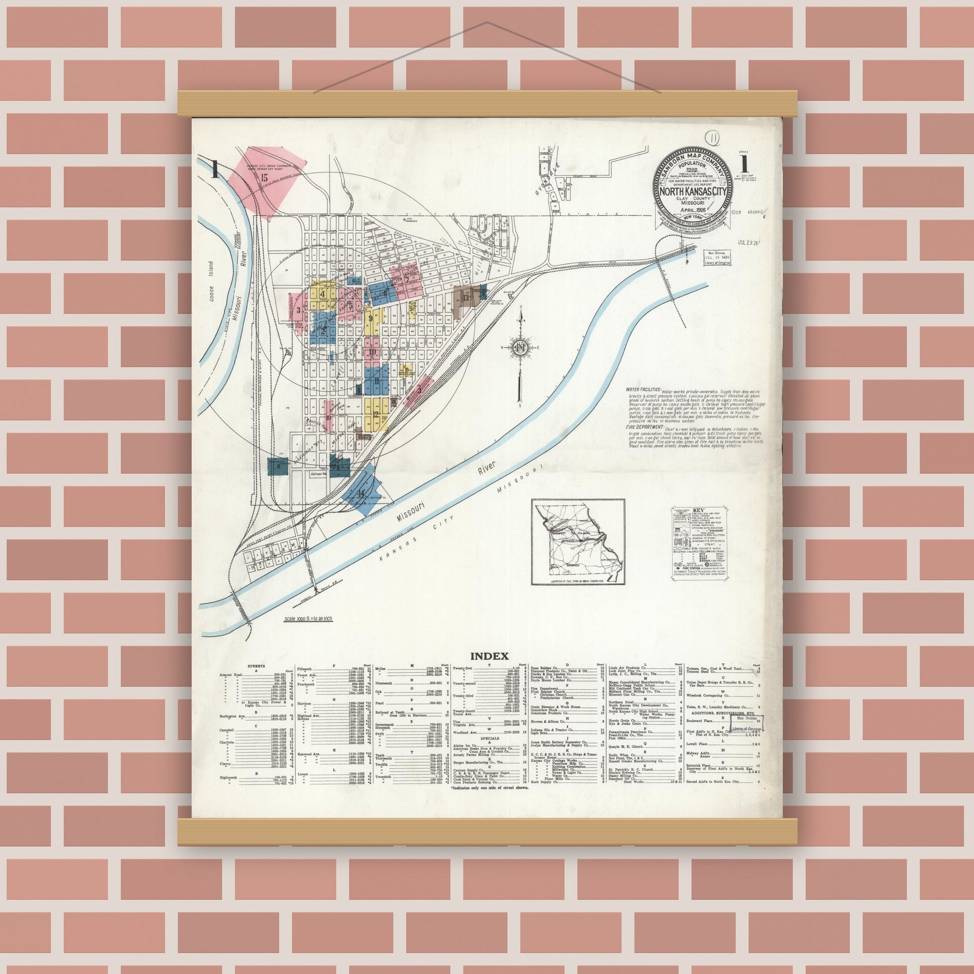 Old map wall art mockup — magnetic wood frame on brick wall — Sanborn Fire Insurance Map from North Kansas City, Clay County, Missouri (1926), Sheet #0001