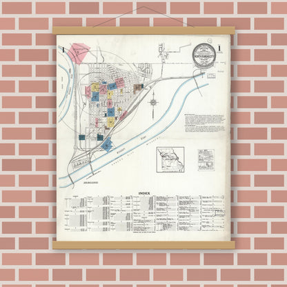 Old map wall art mockup — magnetic wood frame on brick wall — Sanborn Fire Insurance Map from North Kansas City, Clay County, Missouri (1926), Sheet #0001