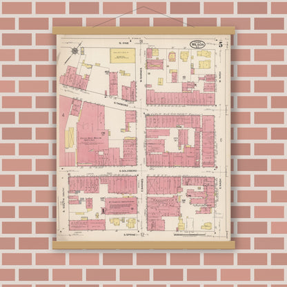 Old map wall art mockup — magnetic wood frame on brick wall — Sanborn Fire Insurance Map from Wilson, Wilson County, North Carolina (1922), Sheet #0005